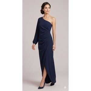 Womens Large Navy Blue One Shoulder Long Sleeve Draped Slit Maxi Dress Formal